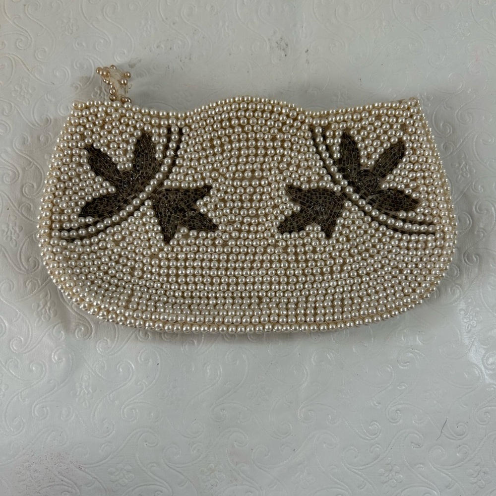 Vintage White Pearl Beaded Clutch Purse Bride Formal Elegant Handmade In Japan